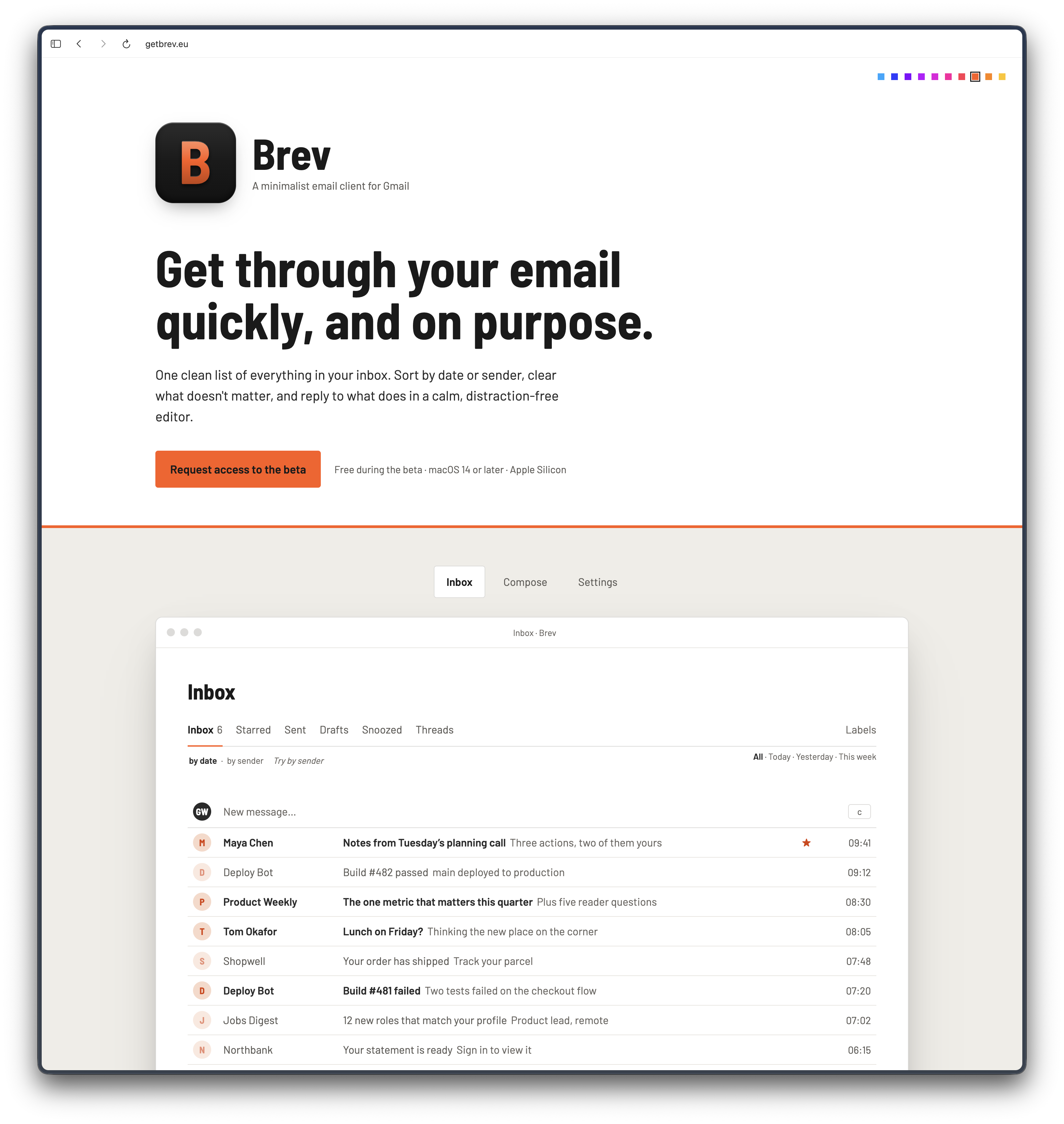 The getbrev.eu home page. Brev is described as a minimalist email client for Gmail. Below the beta sign-up button, a screen of the app shows an inbox listing emails by sender, subject and time.
