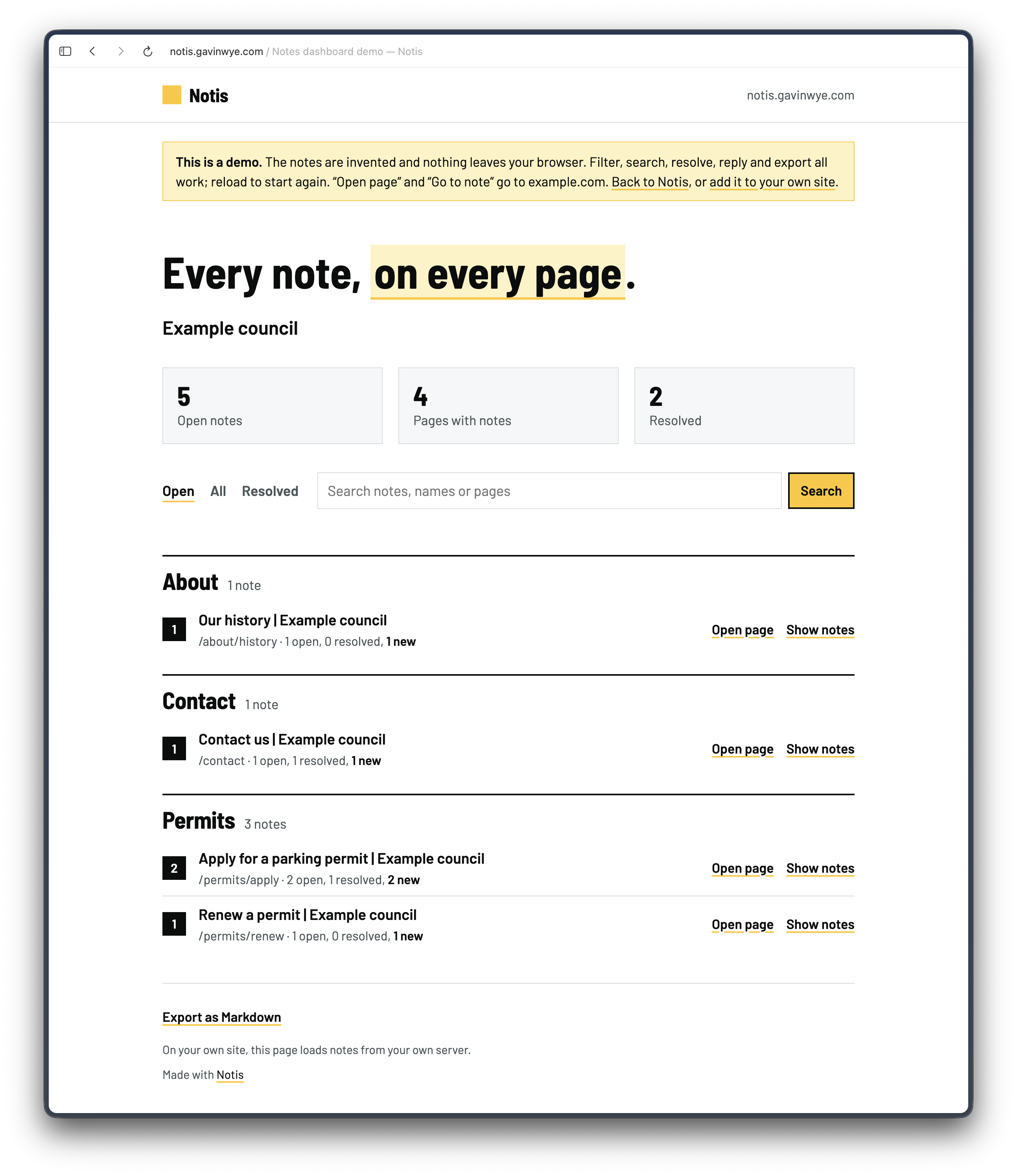 Notis dashboard demo for an example council. It shows 5 open notes, 4 pages with notes and 2 resolved, with notes grouped by page under About, Contact and Permits.