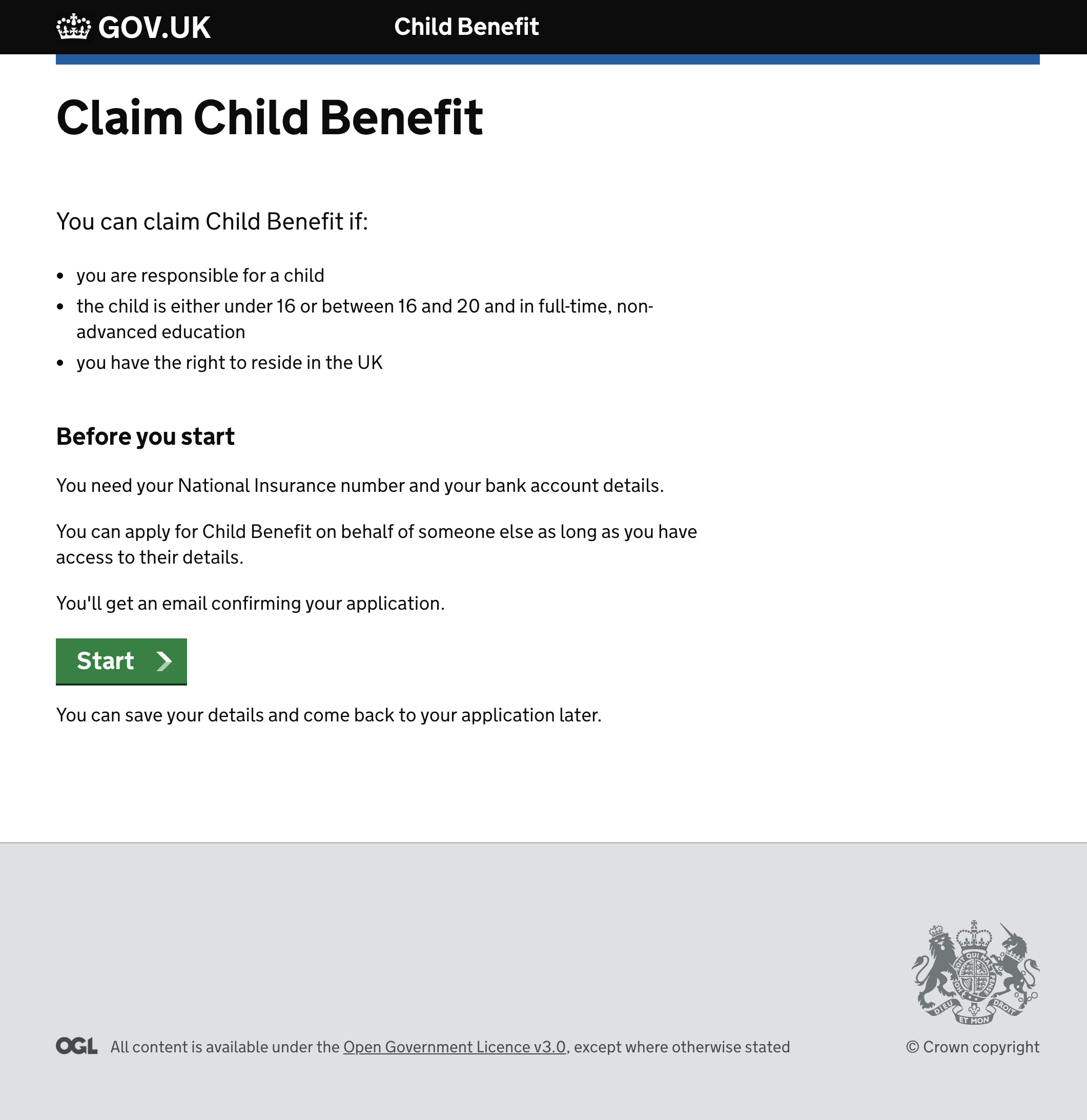 A screenshot of the proposed Child Benefit start page