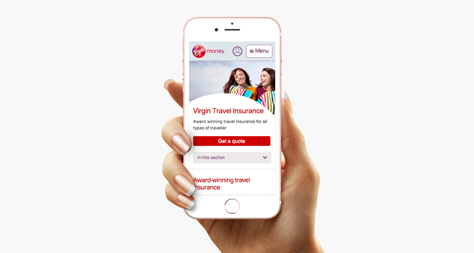 A screenshot of the Travel Insurance landing page displayed on an iPhone.